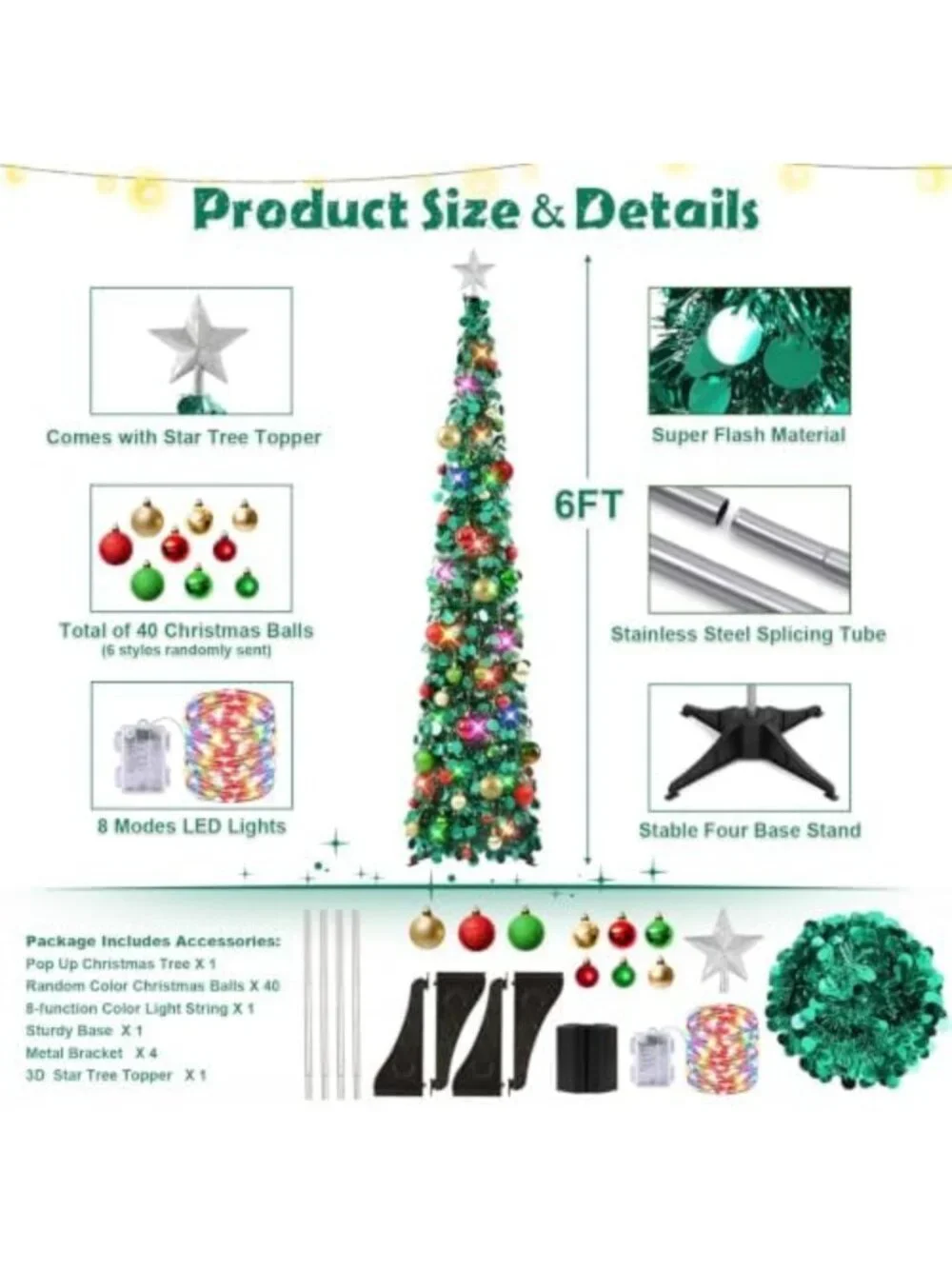6Ft Pop Up Christmas Tree with Lights & 40 Ornaments - Collapsible Tinsel